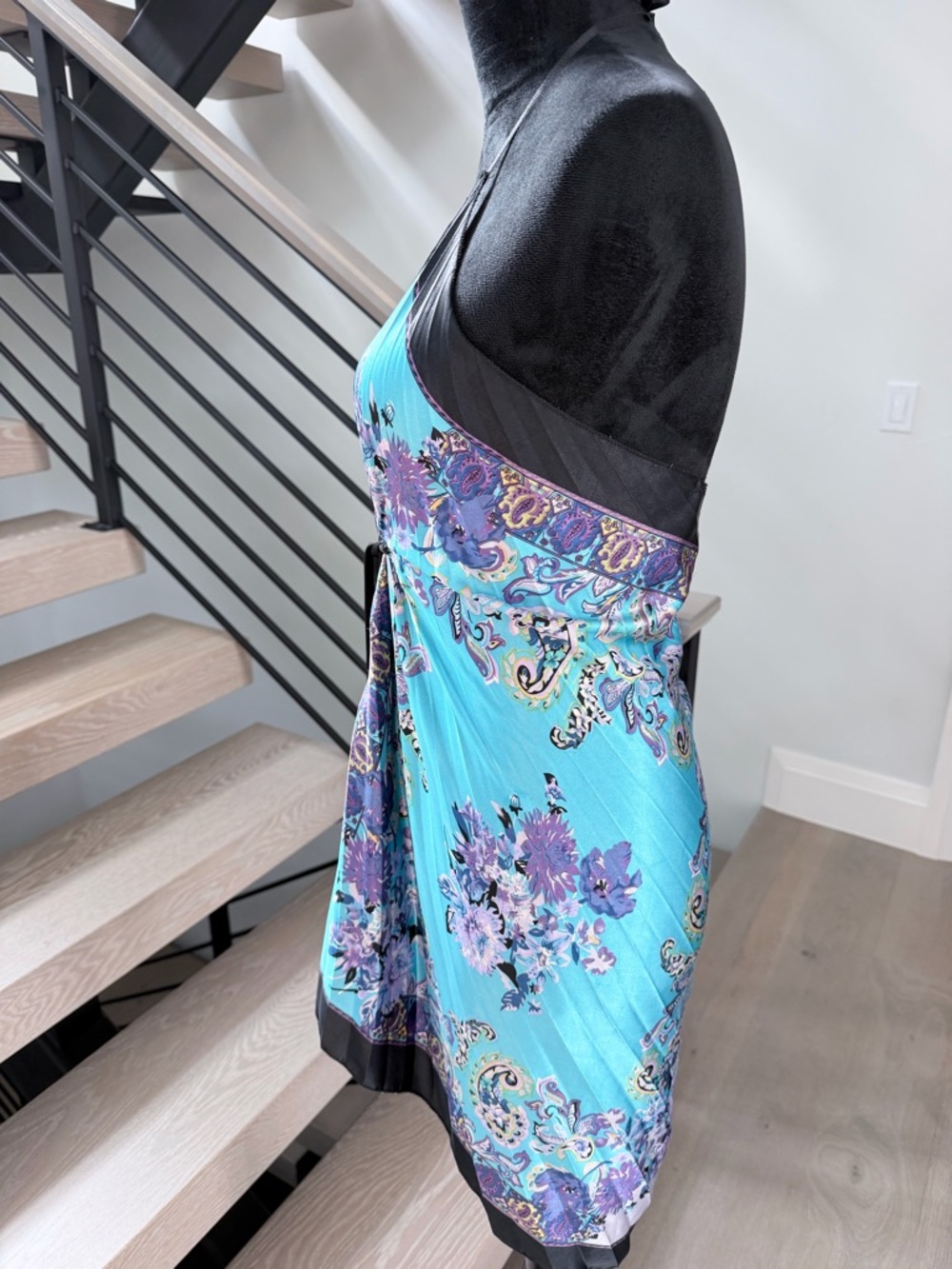 Blue Floral Halter Tie-Waist Silk Satin vacation Beach Dress size XS - Picture 8 of 8